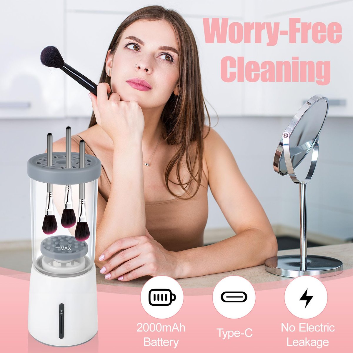 Electric Makeup Brush Cleaner - Automatic Cleaning Tool, IP65 Waterproof for Makeup Sponges and Brushes, Grey - görsel 13