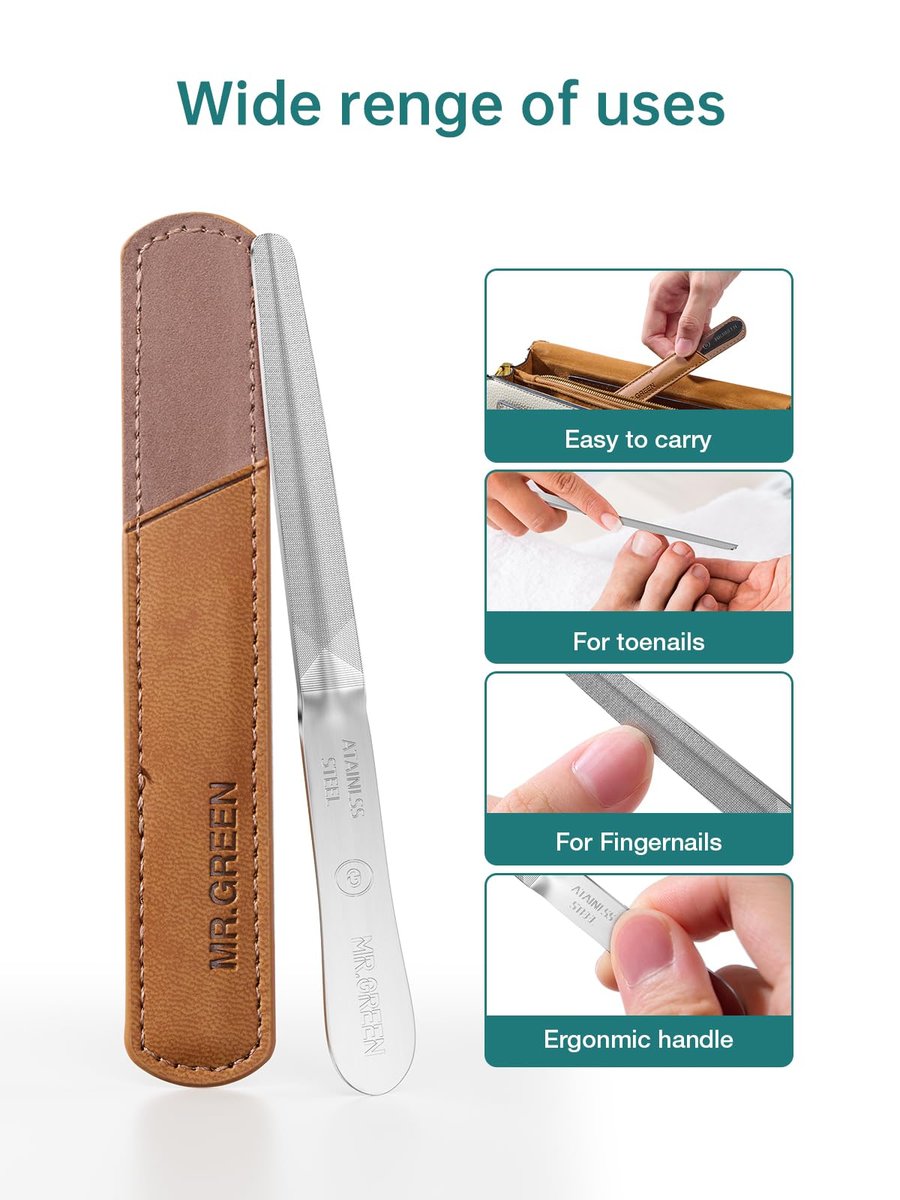 MR.GREEN Curved Nail File – Double-Sided Metal Nail File with Travel Case, Ergonomic Handle, Reusable Stainless Steel for Fingernails and Toenails Avelisse