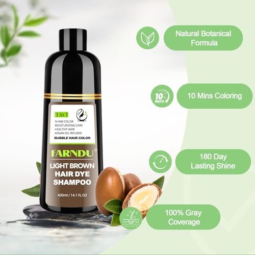 FARNDU Light Brown Hair Dye Shampoo 3 in 1 with Argan Oil – 10-15 Min Gray Coverage, Natural Instant Hair Color Shampoo for Women and Men, Ammonia & Paraben Free, Long-Lasting Up to 6 Months Avelisse