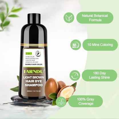 FARNDU Light Brown Hair Dye Shampoo 3 in 1 with Argan Oil – 10-15 Min Gray Coverage, Natural Instant Hair Color Shampoo for Women and Men, Ammonia & Paraben Free, Long-Lasting Up to 6 Months Avelisse