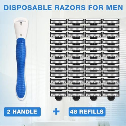 Lanties 50-Piece Refillable Three-Blade Disposable Razors for Men – Sensitive Skin Travel Shave Set with 2 Handles & 48 Cartridges Avelisse