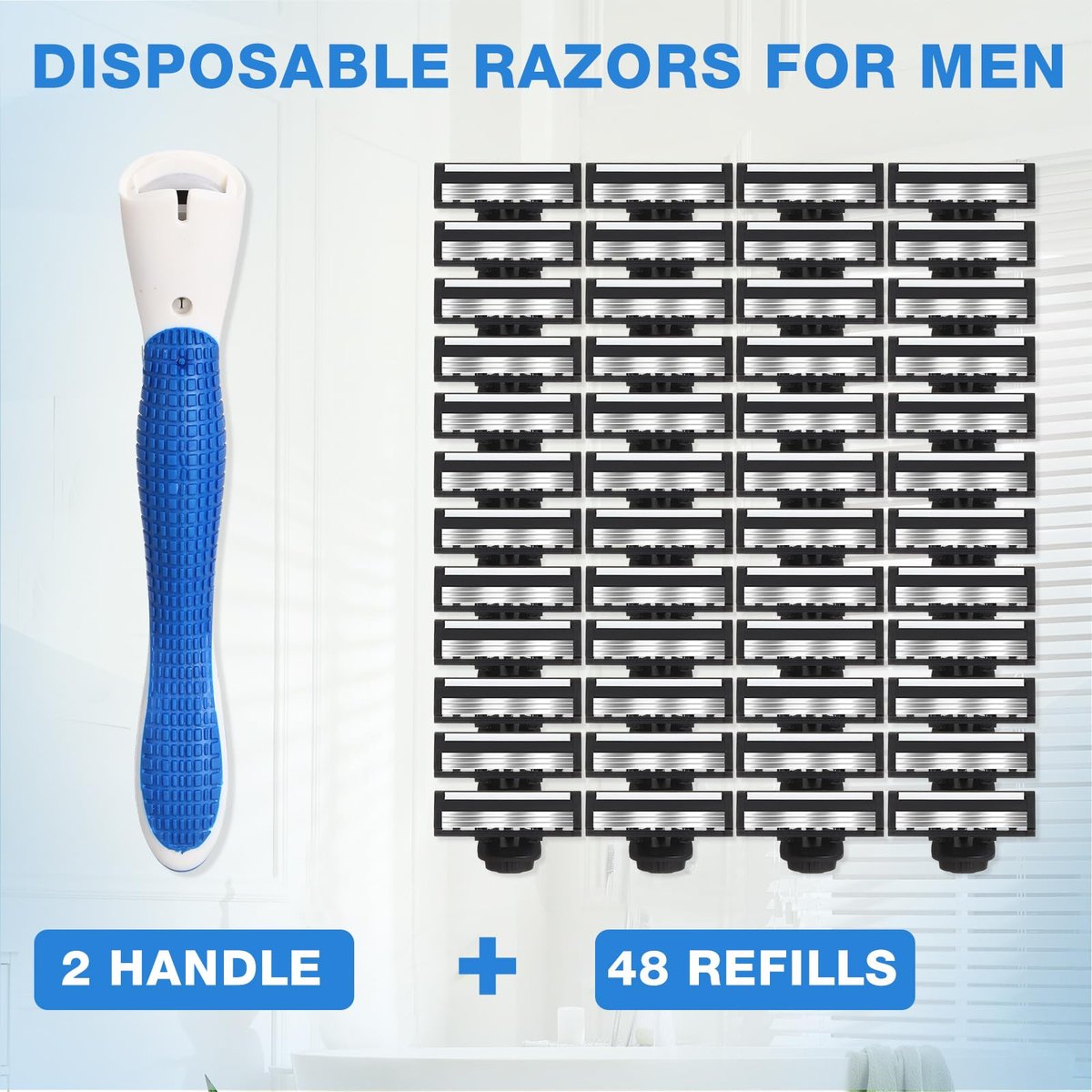 Lanties 50-Piece Refillable Three-Blade Disposable Razors for Men – Sensitive Skin Travel Shave Set with 2 Handles & 48 Cartridges Avelisse