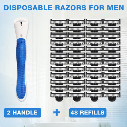 Lanties 50-Piece Refillable Three-Blade Disposable Razors for Men – Sensitive Skin Travel Shave Set with 2 Handles & 48 Cartridges Avelisse