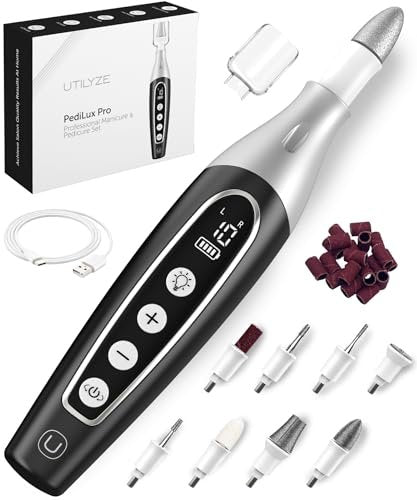 UTILYZE PediLux Pro Professional Manicure Pedicure Kit - Cordless Electric Nail File Drill for Thick Toenails, Callus Removal, 32 Piece Set, Black Avelisse