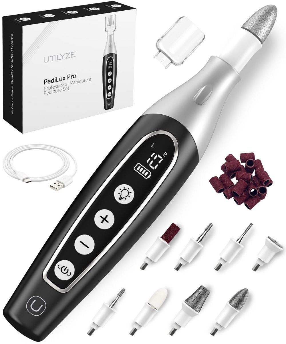 UTILYZE PediLux Pro Professional Manicure Pedicure Kit - Cordless Electric Nail File Drill for Thick Toenails, Callus Removal, 32 Piece Set, Black Avelisse