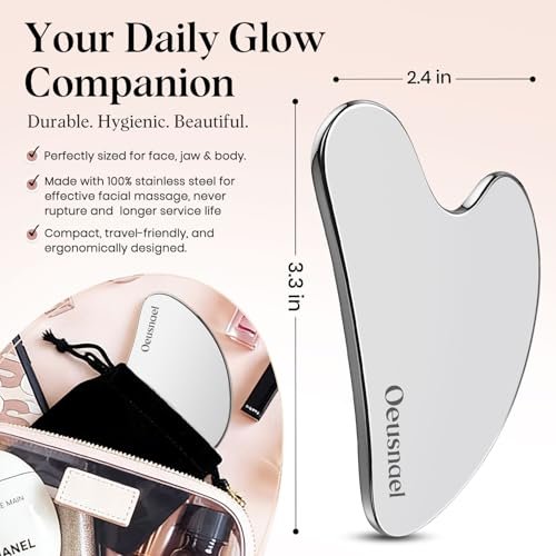 Oeusnael Stainless Steel Gua Sha Facial Tool - Lymphatic Drainage Massager for Face Sculpting & Jawline Shaper, Puffiness Reducing, Neck Body Gua Sha, Skin Care Gift for Women Men with Pouch - görsel 4