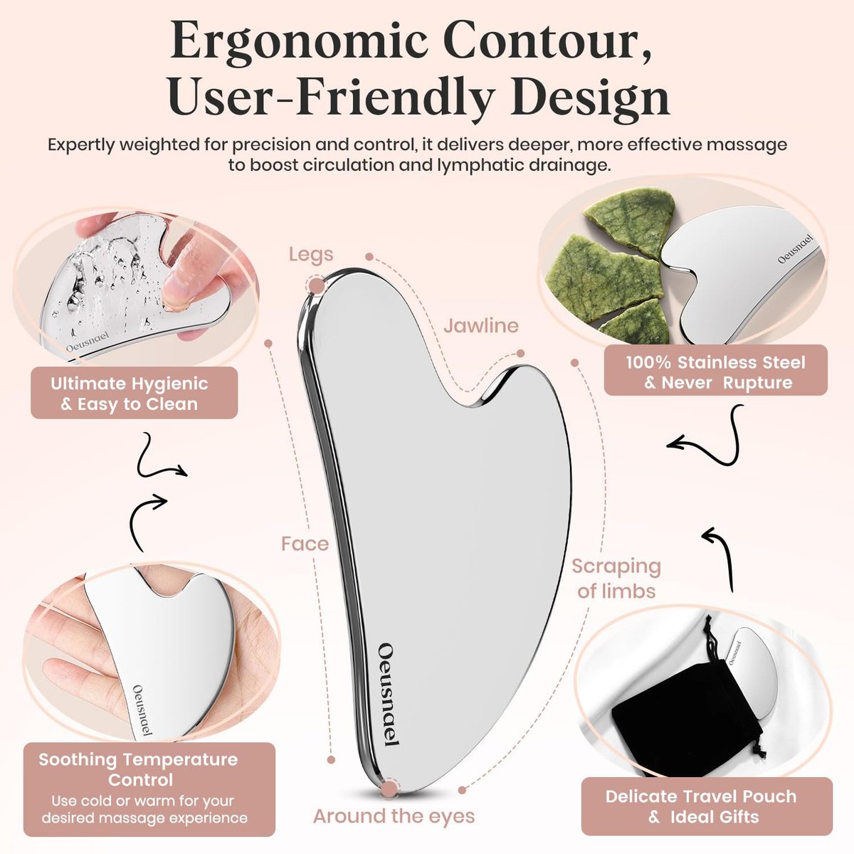 Oeusnael Stainless Steel Gua Sha Facial Tool - Lymphatic Drainage Massager for Face Sculpting & Jawline Shaper, Puffiness Reducing, Neck Body Gua Sha, Skin Care Gift for Women Men with Pouch - görsel 9