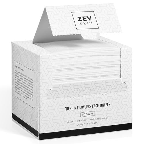Zev Fresh’n Flawless Face Towels – Disposable Biodegradable Makeup Remover Wipes, 100% Biobased, Ultra Soft, XL, 50 Count Avelisse