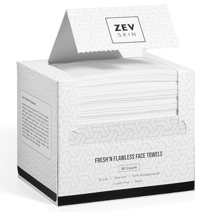 Zev Fresh’n Flawless Face Towels – Disposable Biodegradable Makeup Remover Wipes, 100% Biobased, Ultra Soft, XL, 50 Count Avelisse