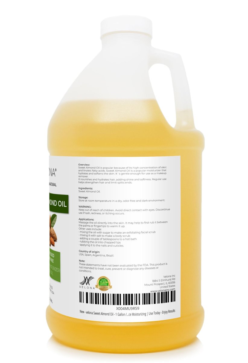 velona Sweet Almond Oil - 1 Gallon / 128 Fl Oz - 100% Pure & Natural Carrier Oil, Cold Pressed, Moisturizing for Skin, Hair, Body & Face Avelisse