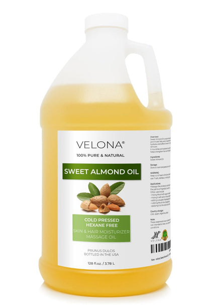velona Sweet Almond Oil - 1 Gallon / 128 Fl Oz - 100% Pure & Natural Carrier Oil, Cold Pressed, Moisturizing for Skin, Hair, Body & Face Avelisse