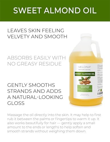 velona Sweet Almond Oil - 1 Gallon / 128 Fl Oz - 100% Pure & Natural Carrier Oil, Cold Pressed, Moisturizing for Skin, Hair, Body & Face Avelisse
