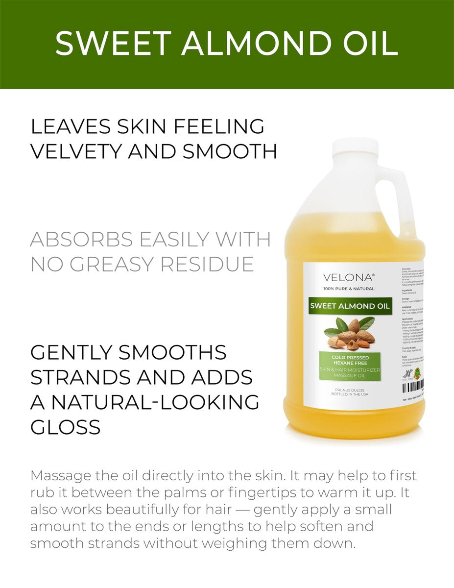 velona Sweet Almond Oil - 1 Gallon / 128 Fl Oz - 100% Pure & Natural Carrier Oil, Cold Pressed, Moisturizing for Skin, Hair, Body & Face Avelisse