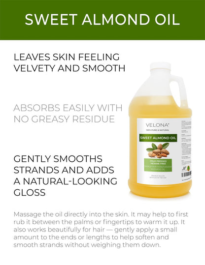 velona Sweet Almond Oil - 1 Gallon / 128 Fl Oz - 100% Pure & Natural Carrier Oil, Cold Pressed, Moisturizing for Skin, Hair, Body & Face Avelisse