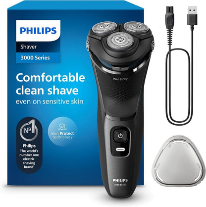 Philips Series 3000 Rechargeable Wet/Dry Electric Shaver for Men, Modern Steel Metallic Rotary Razor Avelisse