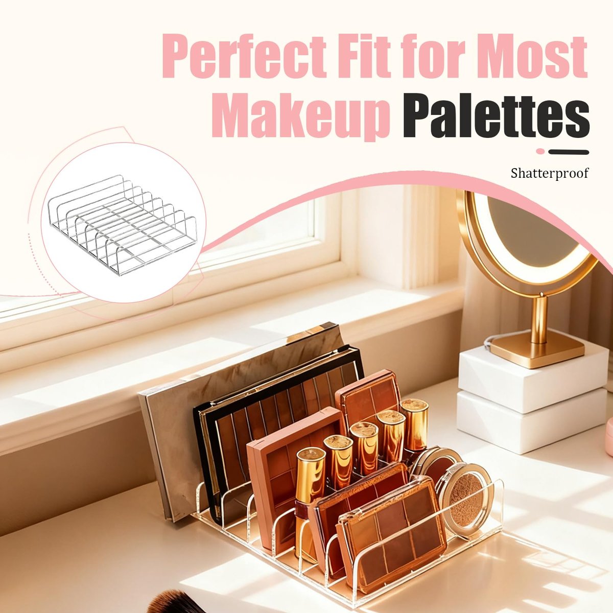 2-Pack Acrylic Makeup Palette Organizer - 7-Slot Clear Eyeshadow Palette Storage for Vanity Drawer & Countertop, Cosmetic Organizer for Brushes, Lipstick, Blush - görsel 3