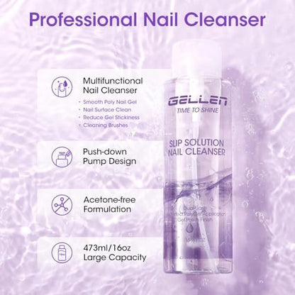 Gellen 16oz Multi-Purpose Nail Cleanser – Pump Bottle Nail Surface Cleaner, Tacky Residue Remover, Polygel Slip Solution for Manicure Avelisse
