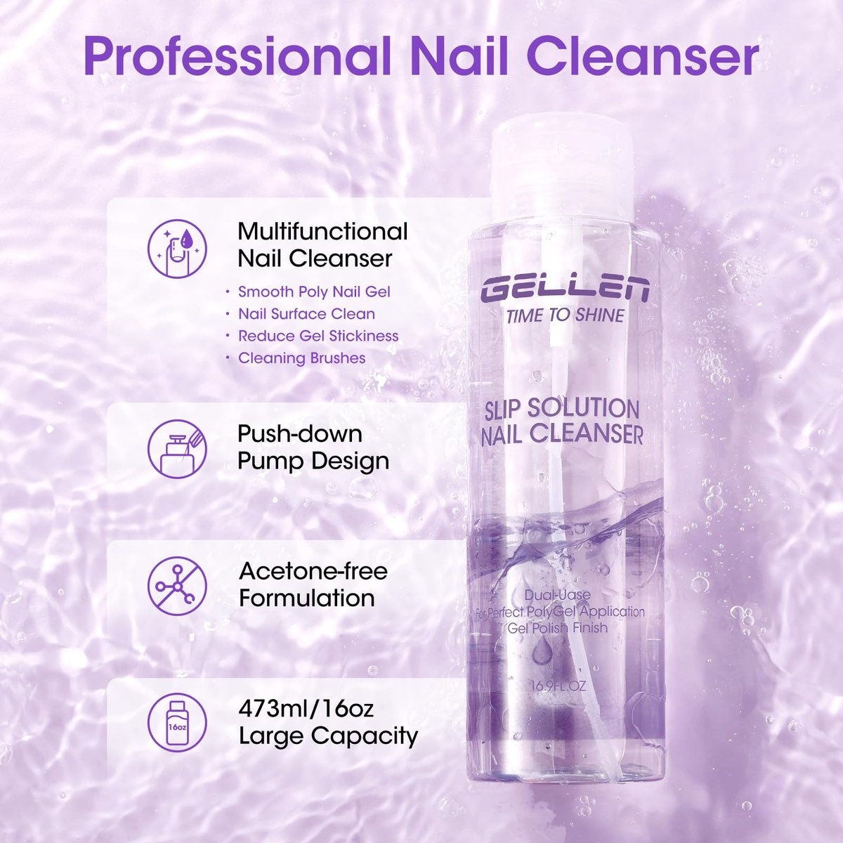 Gellen 16oz Multi-Purpose Nail Cleanser – Pump Bottle Nail Surface Cleaner, Tacky Residue Remover, Polygel Slip Solution for Manicure Avelisse
