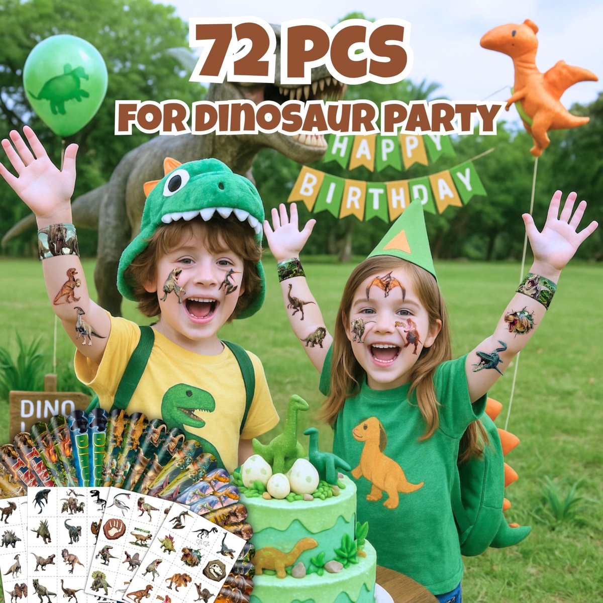 Cherisnowy 72 PCS Dinosaur 3D Party Favors - 48 Temporary Pre-Cut Tattoos & 24 Slap Bracelets for Kids, Birthday Goodie Bag Fillers, Classroom Rewards - görsel 4