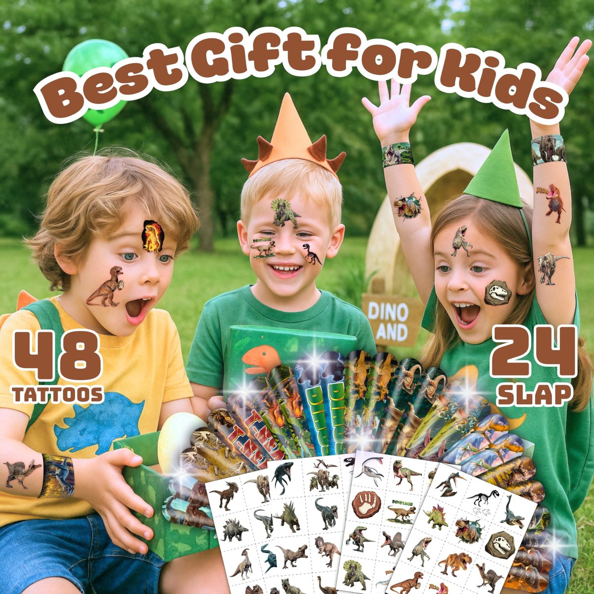 Cherisnowy 72 PCS Dinosaur 3D Party Favors - 48 Temporary Pre-Cut Tattoos & 24 Slap Bracelets for Kids, Birthday Goodie Bag Fillers, Classroom Rewards - görsel 8