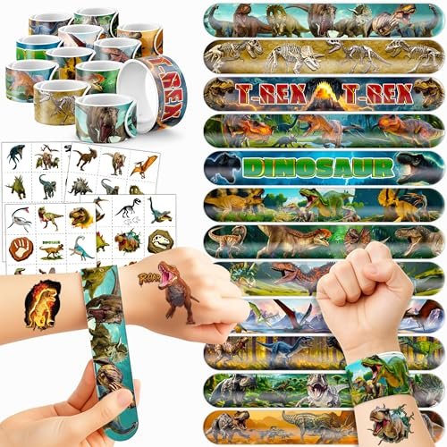 Cherisnowy 72 PCS Dinosaur 3D Party Favors - 48 Temporary Pre-Cut Tattoos & 24 Slap Bracelets for Kids, Birthday Goodie Bag Fillers, Classroom Rewards - görsel 1