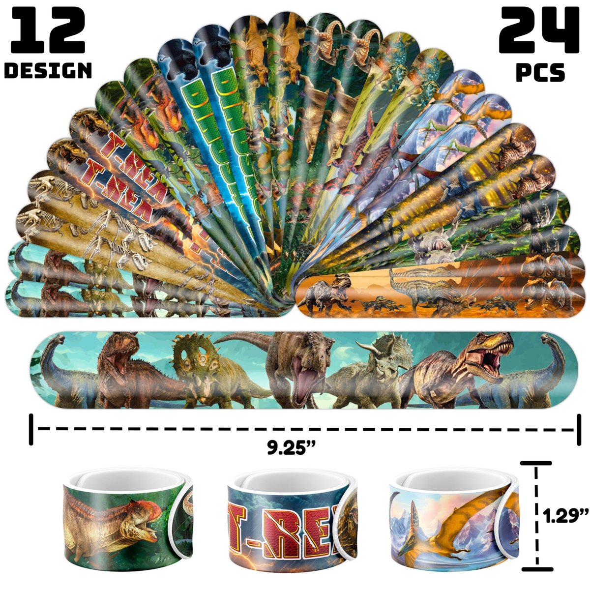 Cherisnowy 72 PCS Dinosaur 3D Party Favors - 48 Temporary Pre-Cut Tattoos & 24 Slap Bracelets for Kids, Birthday Goodie Bag Fillers, Classroom Rewards - görsel 6