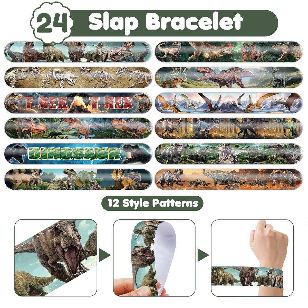 Cherisnowy 72 PCS Dinosaur 3D Party Favors - 48 Temporary Pre-Cut Tattoos & 24 Slap Bracelets for Kids, Birthday Goodie Bag Fillers, Classroom Rewards - görsel 12