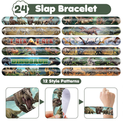 Cherisnowy 72 PCS Dinosaur 3D Party Favors - 48 Temporary Pre-Cut Tattoos & 24 Slap Bracelets for Kids, Birthday Goodie Bag Fillers, Classroom Rewards
