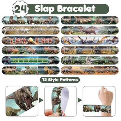Cherisnowy 72 PCS Dinosaur 3D Party Favors - 48 Temporary Pre-Cut Tattoos & 24 Slap Bracelets for Kids, Birthday Goodie Bag Fillers, Classroom Rewards
