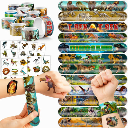 Cherisnowy 72 PCS Dinosaur 3D Party Favors - 48 Temporary Pre-Cut Tattoos & 24 Slap Bracelets for Kids, Birthday Goodie Bag Fillers, Classroom Rewards
