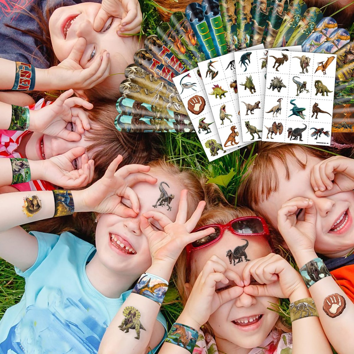 Cherisnowy 72 PCS Dinosaur 3D Party Favors - 48 Temporary Pre-Cut Tattoos & 24 Slap Bracelets for Kids, Birthday Goodie Bag Fillers, Classroom Rewards - görsel 16