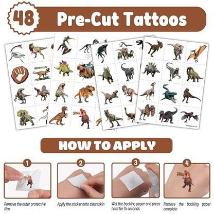Cherisnowy 72 PCS Dinosaur 3D Party Favors - 48 Temporary Pre-Cut Tattoos & 24 Slap Bracelets for Kids, Birthday Goodie Bag Fillers, Classroom Rewards