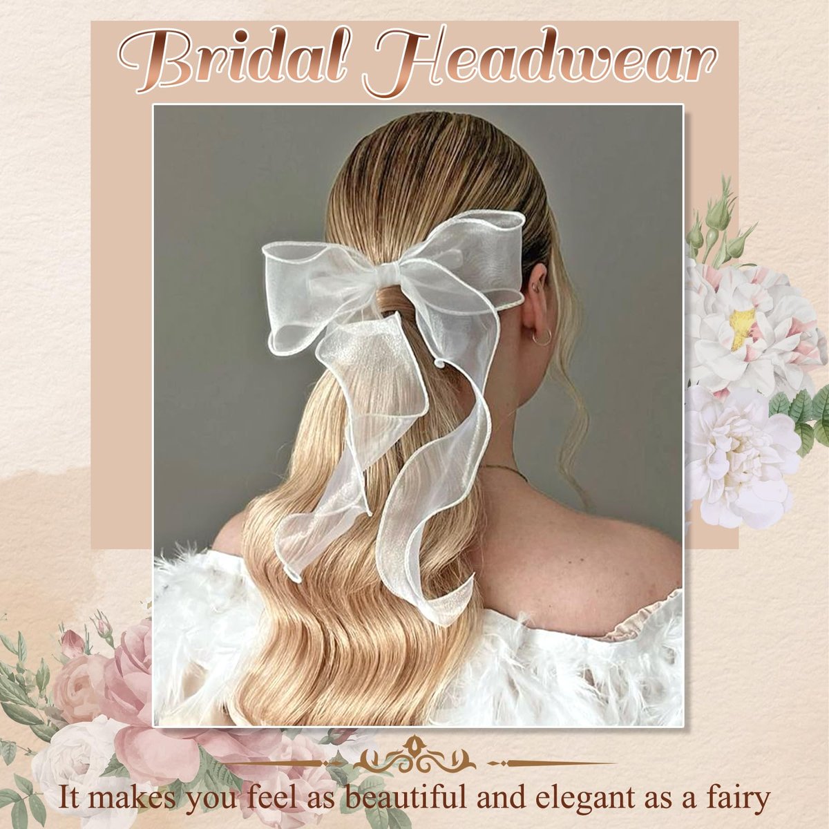 SAWINDA Bridal Hair Bow Clip Veil - White Tulle Organza Bowknot Hair Pins for Women Girls, Bachelorette Party, Christmas, Wedding Headwear (11x8.3 Inch) - görsel 9