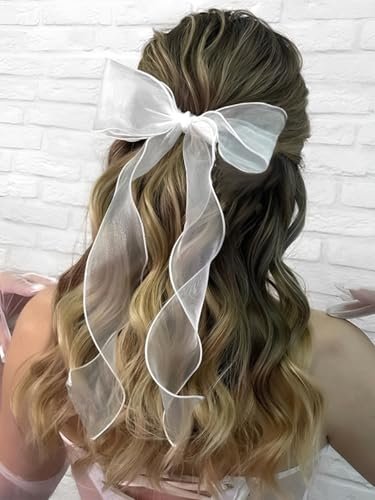 SAWINDA Bridal Hair Bow Clip Veil - White Tulle Organza Bowknot Hair Pins for Women Girls, Bachelorette Party, Christmas, Wedding Headwear (11x8.3 Inch)