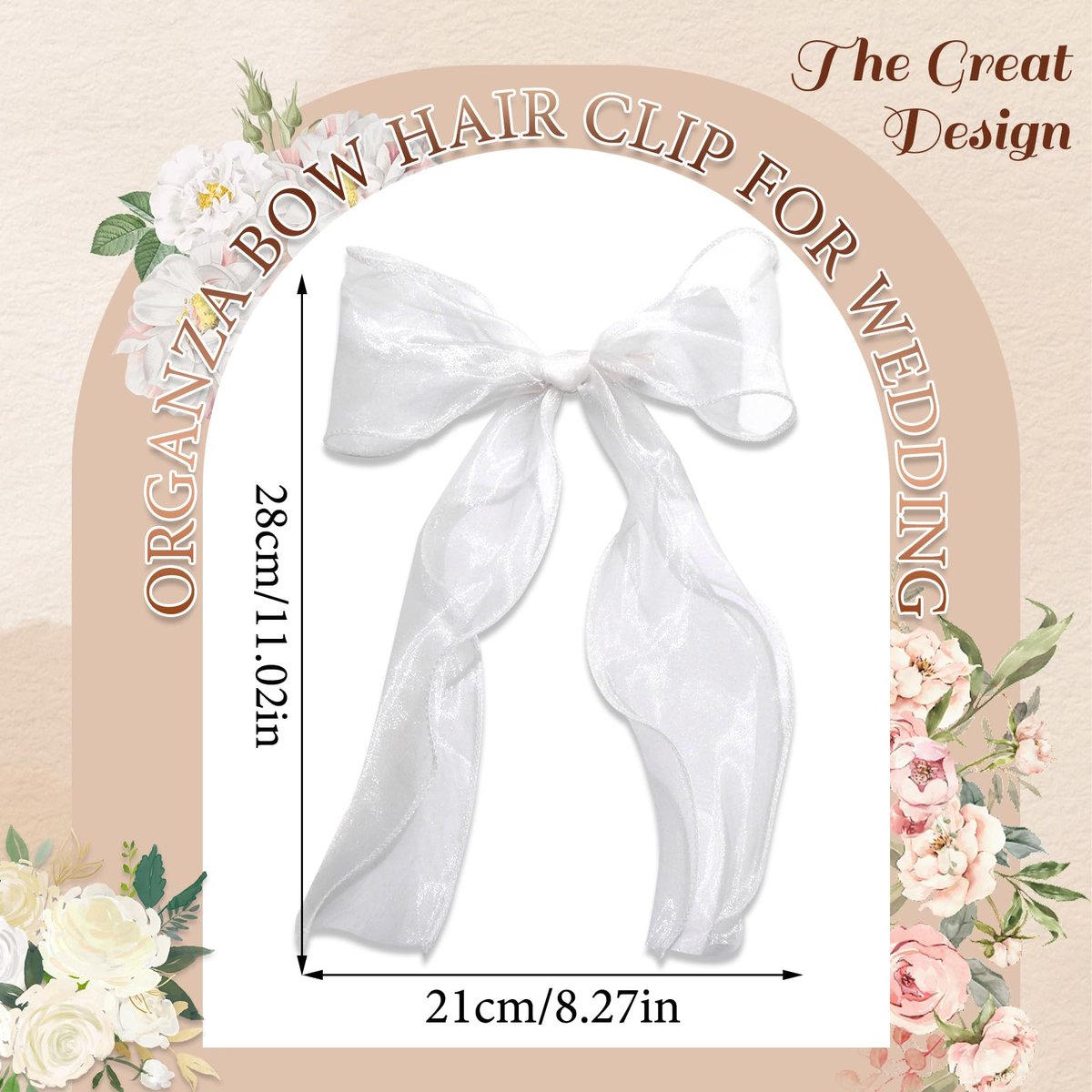 SAWINDA Bridal Hair Bow Clip Veil - White Tulle Organza Bowknot Hair Pins for Women Girls, Bachelorette Party, Christmas, Wedding Headwear (11x8.3 Inch) - görsel 3