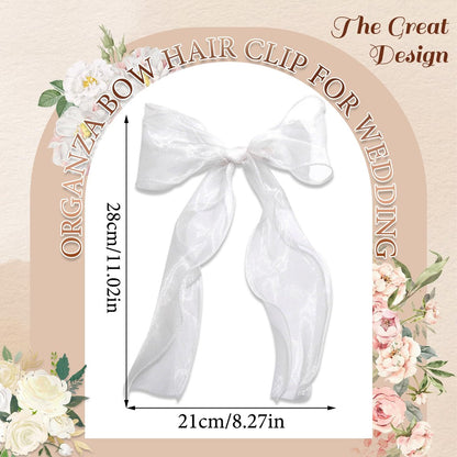 SAWINDA Bridal Hair Bow Clip Veil - White Tulle Organza Bowknot Hair Pins for Women Girls, Bachelorette Party, Christmas, Wedding Headwear (11x8.3 Inch)