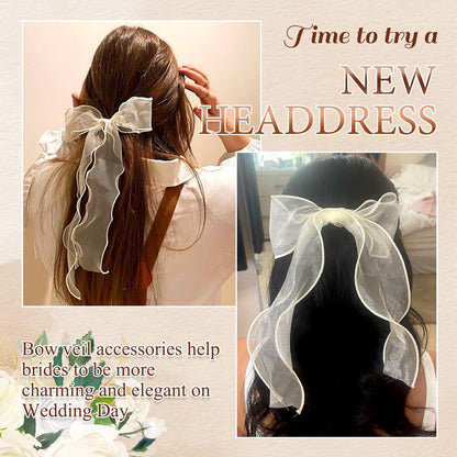 SAWINDA Bridal Hair Bow Clip Veil - White Tulle Organza Bowknot Hair Pins for Women Girls, Bachelorette Party, Christmas, Wedding Headwear (11x8.3 Inch)
