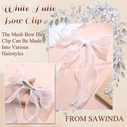 SAWINDA Bridal Hair Bow Clip Veil - White Tulle Organza Bowknot Hair Pins for Women Girls, Bachelorette Party, Christmas, Wedding Headwear (11x8.3 Inch)