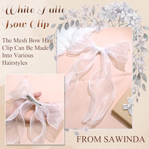 SAWINDA Bridal Hair Bow Clip Veil - White Tulle Organza Bowknot Hair Pins for Women Girls, Bachelorette Party, Christmas, Wedding Headwear (11x8.3 Inch) - görsel 8