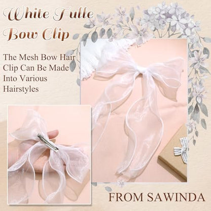 SAWINDA Bridal Hair Bow Clip Veil - White Tulle Organza Bowknot Hair Pins for Women Girls, Bachelorette Party, Christmas, Wedding Headwear (11x8.3 Inch)