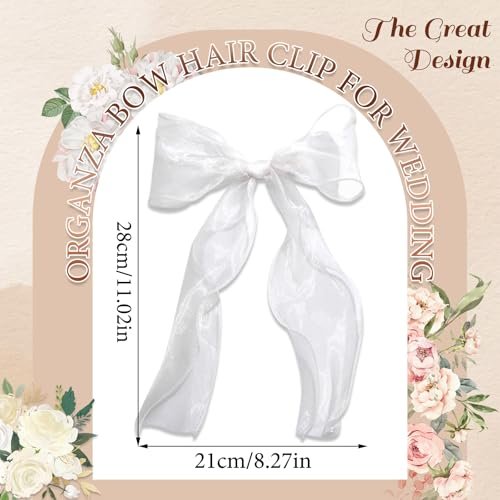 SAWINDA Bridal Hair Bow Clip Veil - White Tulle Organza Bowknot Hair Pins for Women Girls, Bachelorette Party, Christmas, Wedding Headwear (11x8.3 Inch) - görsel 4
