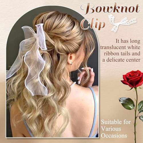 SAWINDA Bridal Hair Bow Clip Veil - White Tulle Organza Bowknot Hair Pins for Women Girls, Bachelorette Party, Christmas, Wedding Headwear (11x8.3 Inch) - görsel 6