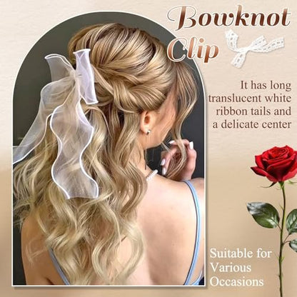 SAWINDA Bridal Hair Bow Clip Veil - White Tulle Organza Bowknot Hair Pins for Women Girls, Bachelorette Party, Christmas, Wedding Headwear (11x8.3 Inch)