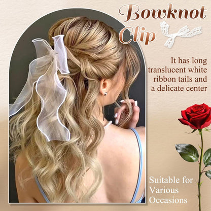 SAWINDA Bridal Hair Bow Clip Veil - White Tulle Organza Bowknot Hair Pins for Women Girls, Bachelorette Party, Christmas, Wedding Headwear (11x8.3 Inch)