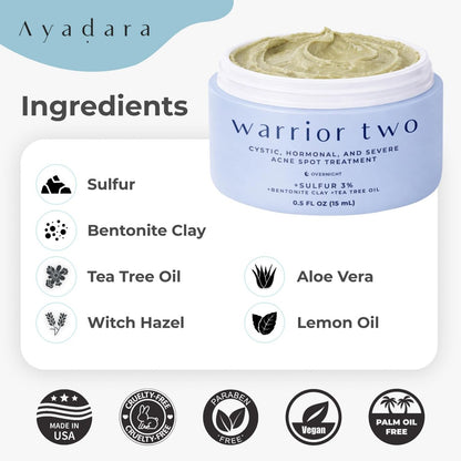 AYADARA Cystic Acne Spot Cream - Overnight Hormonal Acne Treatment for Face & Body with Sulfur, 120 Uses