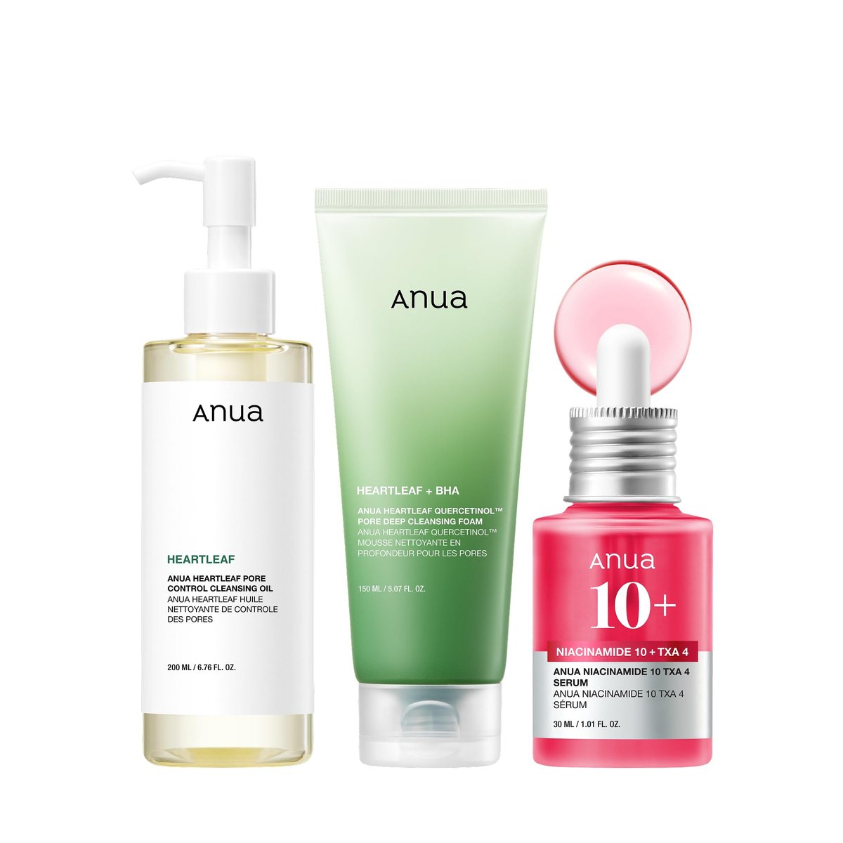 Anua 3-Step Glass Skin Beginner Set - Oil Cleanser, Face Wash & Facial Serum with Niacinamide | Korean Double Cleansing Daily Routine Avelisse