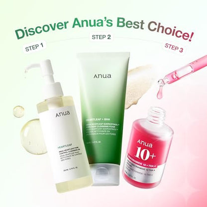 Anua 3-Step Glass Skin Beginner Set - Oil Cleanser, Face Wash & Facial Serum with Niacinamide | Korean Double Cleansing Daily Routine Avelisse