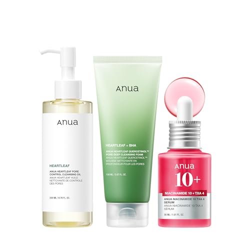 Anua 3-Step Glass Skin Beginner Set - Oil Cleanser, Face Wash & Facial Serum with Niacinamide | Korean Double Cleansing Daily Routine Avelisse