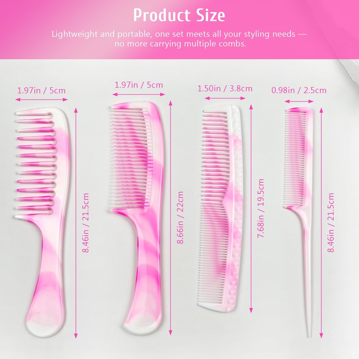 4-Piece Unisex Hair Comb Set: Rat Tail, Wide & Fine Tooth, Dual-Sided Combs for Daily Detangling - Pink - görsel 7