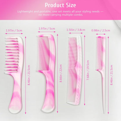 4-Piece Unisex Hair Comb Set: Rat Tail, Wide & Fine Tooth, Dual-Sided Combs for Daily Detangling - Pink